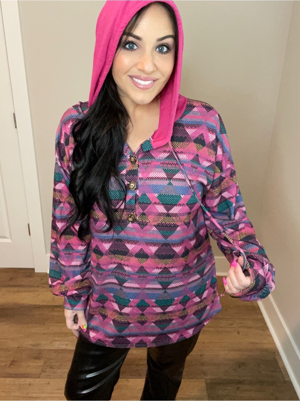 Plus Size XXXL Pink Geometric Hooded Pullover Top